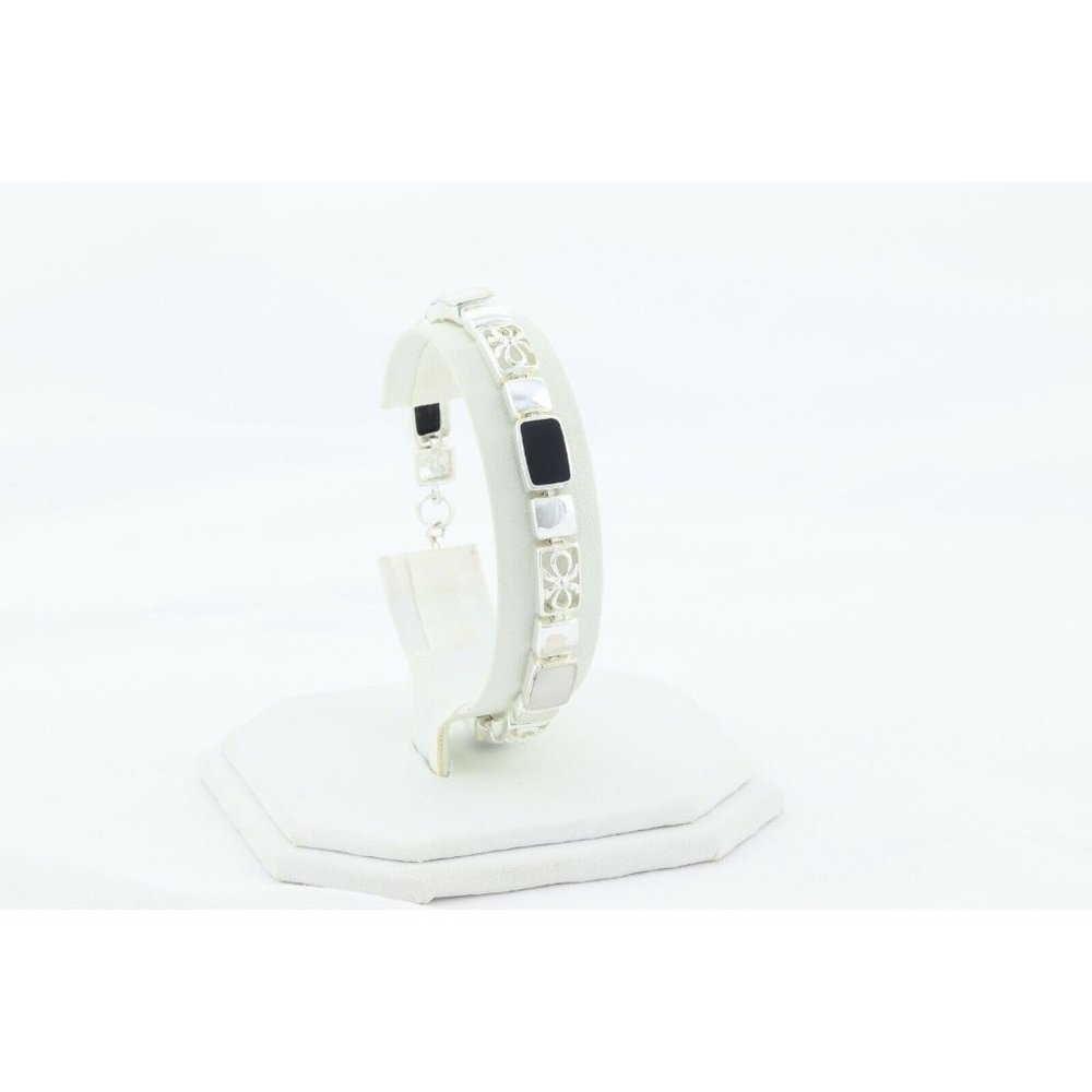 Sterling Silver Onyx and Marcasite Bracelet 7 3/4 inch